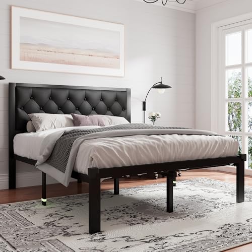 Image of Feonase Queen Size Metal Bed Frame with Faux Leather Button Tufted Headboard, Heavy-Duty Platform Bed Frame with 12 inch Storage, Steel Slats Support, No Box Spring Needed, Noise Free, Matte Black