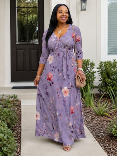 Image of Plus Size Maxi Dress for Women V Neck Flowy Dresses with Pockets for Wedding Guest Church