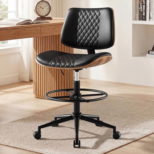 Image of Drafting Chair with Adjustable Footrest, Armless Modern Tall Office Chair for Standing Desk, PU Leather Swivel Stool in Curved Bentwood Style, Ergonomic Rolling Walnut Chair for Office(Black)