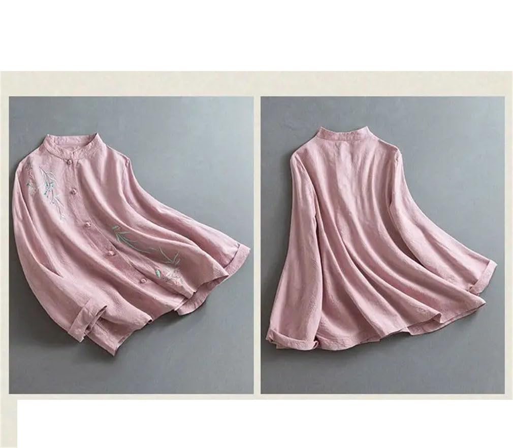 Style chinois brodé coton lin chemises printemps été boutonné manches longues col montant vêtements lâches tops