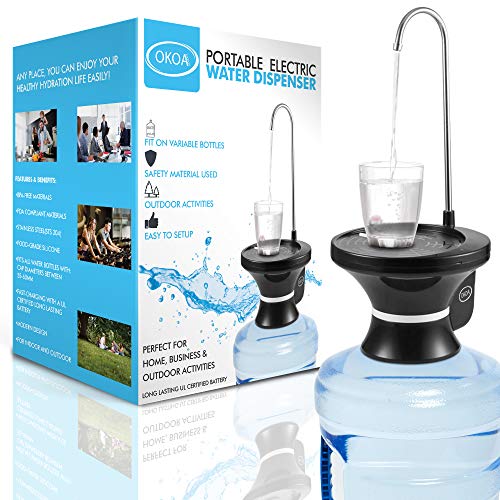 OKOA Water Bottle Dispenser Automatic Electric Drinking Water Pump for 1-6 Gallon Water Jug – Ultra-Hygienic BPA-Free Material – Cordless USB Rechargeable Battery Powered – Portable Camping Water Jug Dispenser