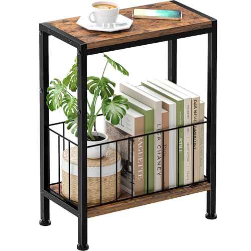 Beistelltisch schmal, Schmaler Beistelltisch mit Zeitschriftenhalter, 2 Ablagen Nachttisch Schmal, Couchtisch klein für für Wohnzimmer, Schlafzimmer, Arbeitszimmer, 20x 43 x 58 cm (Vintagebraun)