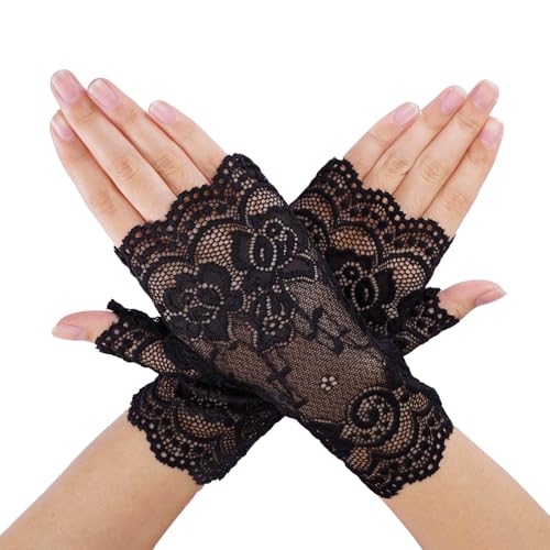 Lufdegim Damen Spitzenhandschuhe Fingerlose Handschuhe Kurze Party Spitze Satin handschuhe Teeparty Braut Hochzeits Oper Tanz Cosplay Kostüm Zubehör...