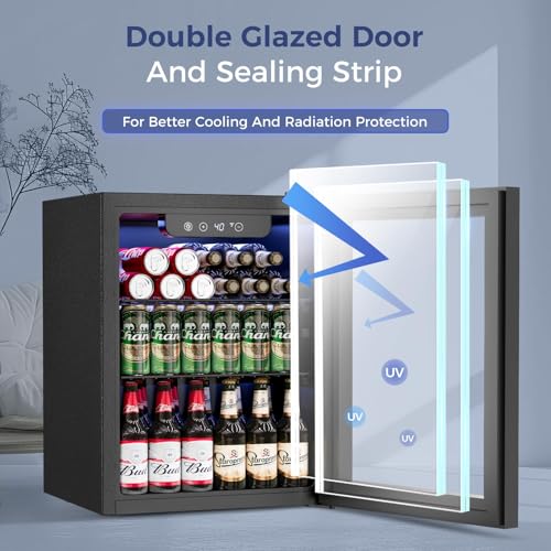 Beverage Refrigerator Cooler - 16 Bottle 68 Can Mini Fridge with Glass Door, Soda Wine Beer Drink Fridge - Small Refrigerator for Office Home Bedroom Dorm Bar, 1.7 Cu.Ft, Black