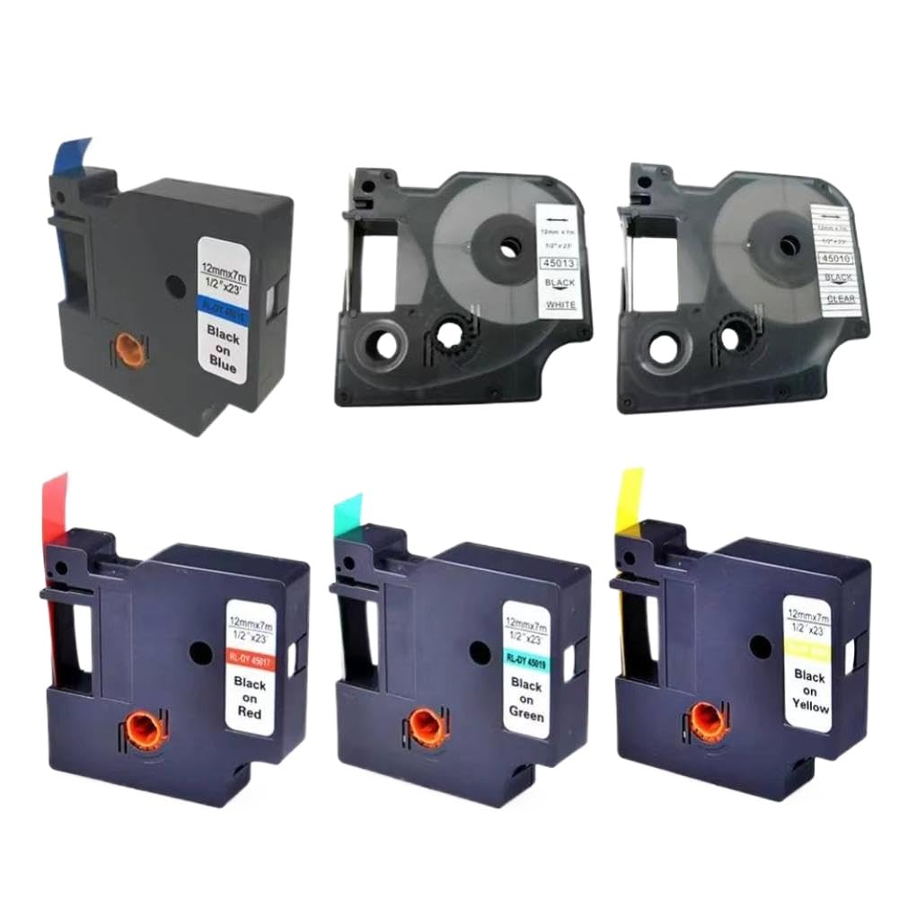 Paquete de cinta para rotuladoras: 6 rollos (45010, 45013, 45016, 45017, 45018, 45019), 12 mm x 7 m, compatible con rotuladoras D1