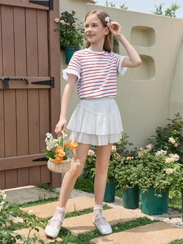 Image of Haloumoning Girls Striped Ruffle Short Sleeve T Shirts Kids Summer Crewneck Tops Casual Tees 5-14 Years