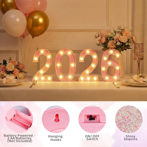 Image of Pink Light Up Marquee Numbers, Glitter LED Number Lights Signs Battery Operated for Girls 9th 19th 29th Pink Birthday Party Table Decorations, 8 Inch Tall Number 9 with Warm White Lights