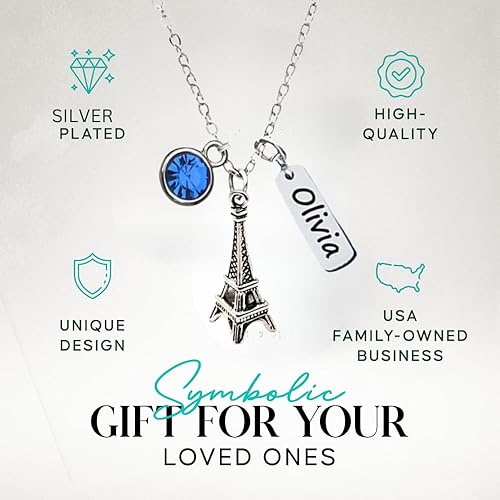 Miniatura 2 de Collar personalizado de la torre Eiffel, piedra natal personalizada con nombre grabado en la torre Eiffel, colgante de torre Eiffel para mujer