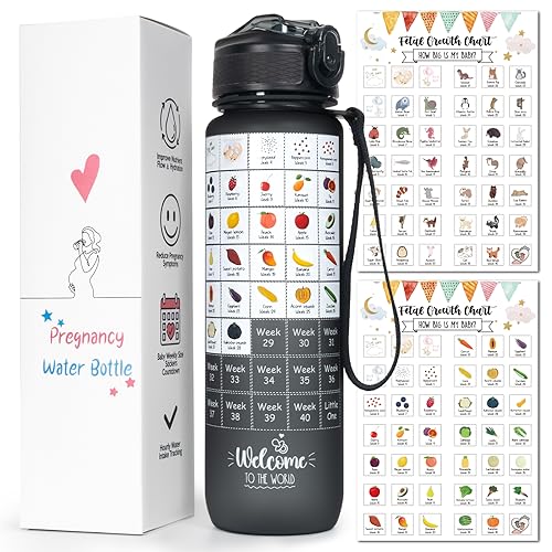 Pregnancy Water Bottle Tracker(Black) 1st Trimester Must Haves Gift for First Time Moms with 2 Different Weekly Stickers Early Essentials Gifts for Pregnant Women Maternity BPA Free