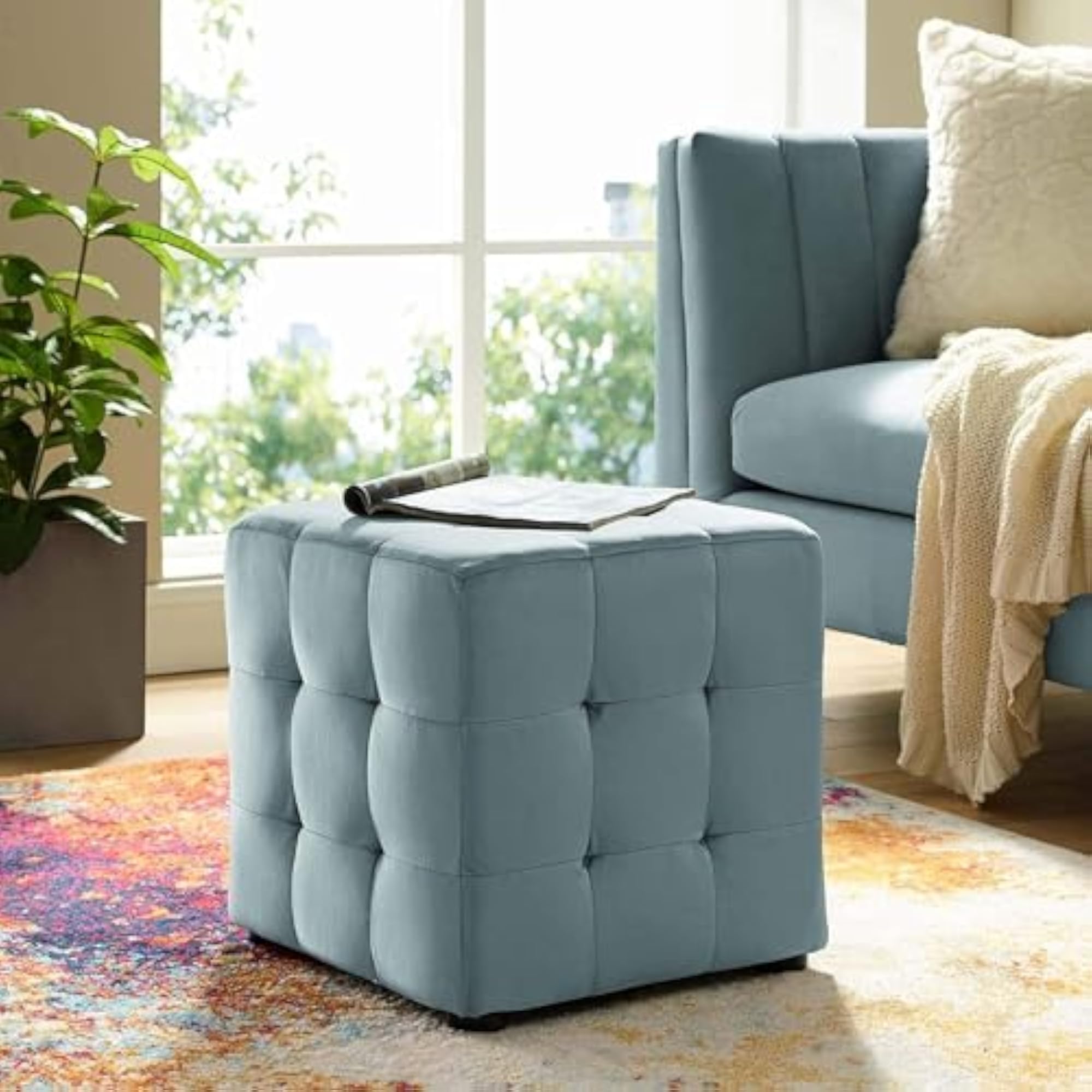 Ottoman Stool for Living Room, Cushioned Sitting Square Pouffe