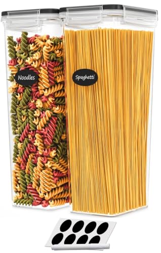 DWËLLZA KITCHEN Airtight Food Storage Containers with Lids Set of 2 95 fl. oz Spaghetti Pasta storage Containers, Plastic Air Tight Canisters for Kitchen Pantry Organization with Labels & Marker