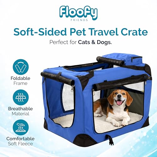 Floofy Friends Pet Carrier Bag, Large Cat Carrier Puppy Dog Carrier for Small Dogs Cats Kittens Rabbits With Reversible Fleece Mat, Foldable Travel Crate for Car - Blue - Image 3