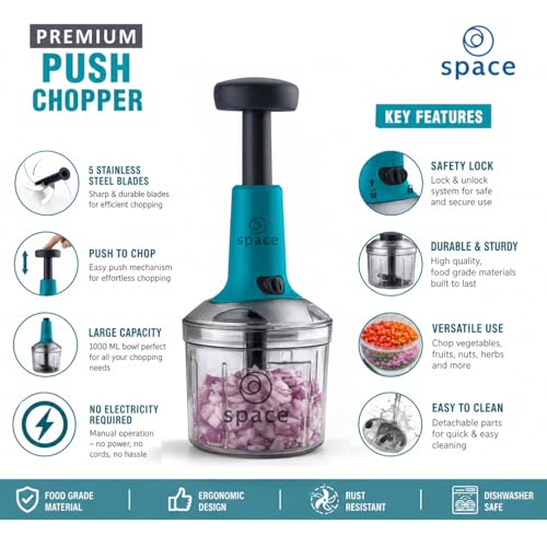 Image of Vegetable Chopper for Kitchen | Hand Chopper for Kitchen use Veg Cutter | Push Chopper 1000ml Capacity | 5 Sharp Stainlee Steel Blades (Teal)
