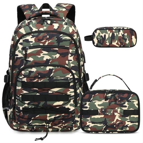 ACESAK Mochila camuflada para meninos, mochilas escolares para meninos, crianças, adolescentes, ensino fundamental e médio, Camuflagem marrom
