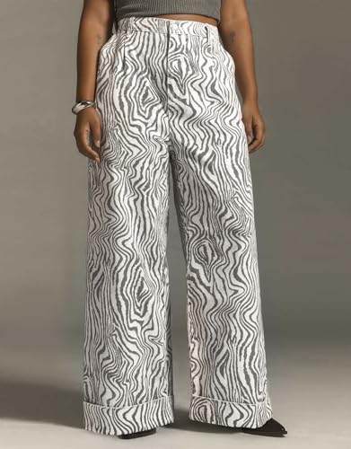 Women's Zebra Printed Wide Leg Pants Double Hem High-Rise Cuffed Baggy Jeans4