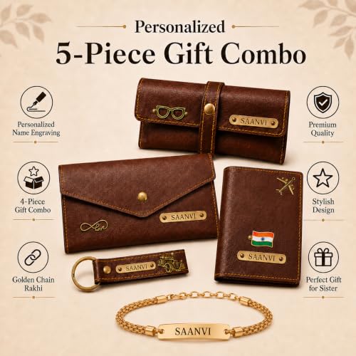 Image of SAVRI Personalized Raksha Bandhan Gift for Sister | Customized Women's 4 Piece Gift Combo with Name Engraving & Golden Chain Rakhi | Personalised Rakhi Gift Hamper for Behen Sis | Best Gifts for Women