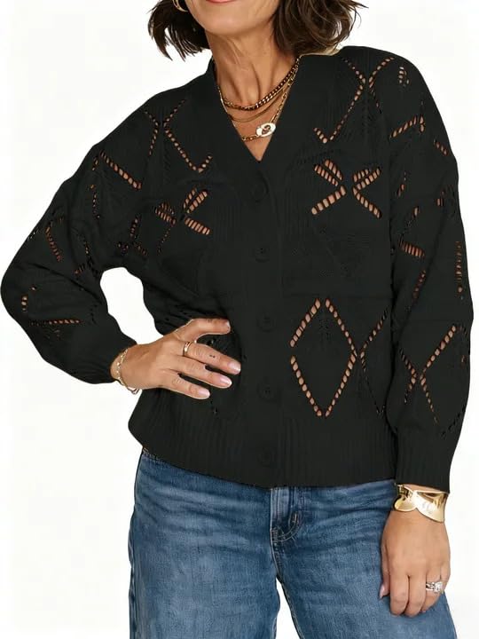 Womens Hollow Out Cardigan Solid Casual Long Sleeve Button Down V Neck Ribbed Patterned Crochet Sweater Tops2