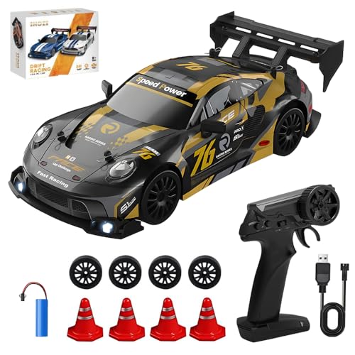 Hojalis Coche Teledirigido Drift, 1:24 2,4 GHz Drift RC Car, 20 km/h 4WD Coche de Drift Teledirigido con Luces LED, RC Drift Coche con Kit Barricada, para Niños Niñas y Adultos Regalo