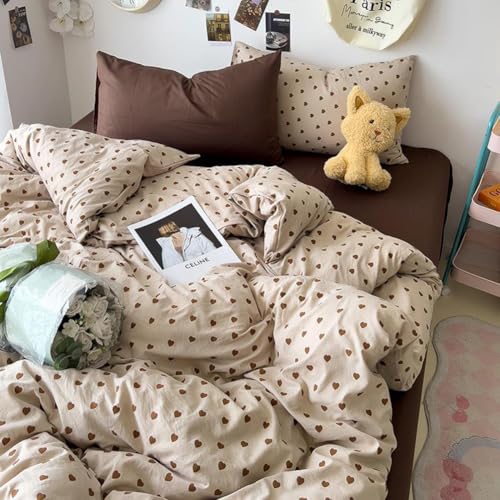Image of Nayoroom Brown Heart Duvet Cover Queen Size Vintage Hearts Printed on Taupe Comforter Cover Kids Girls 3 Pcs Soft Microfiber Farmhouse Bedding Set with Zipper Closure