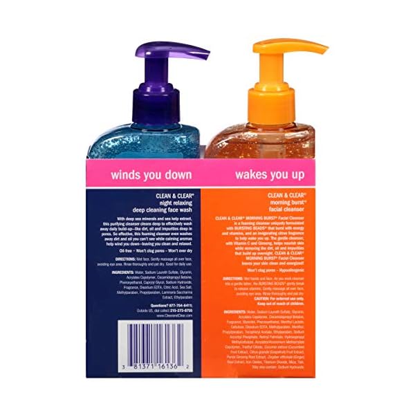 Clean & Clear 2-Pack Day and Night Face Cleanser Citrus Morning Burst Facial Cleanser with Vitamin C and Cucumber, Relaxing Night Facial Cleanser with Sea Minerals, Oil No & Hypoallergenic Face Wash
