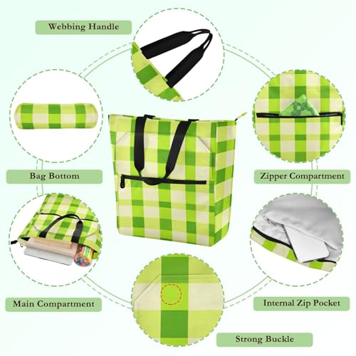 Chartreuse Gingham Tote Bag for Book Lovers Reusable Bags with Zipper Pocket for School Work Shopping3