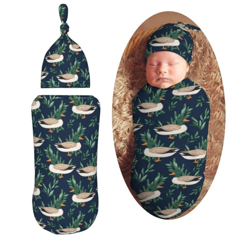 Image of KiuLoam Cute Farm Animal Mallard Duck Newborn Swaddle Blanket with Hat Set Baby Receiving Blankets Soft Swaddle Wrap for Baby Boys and Girls