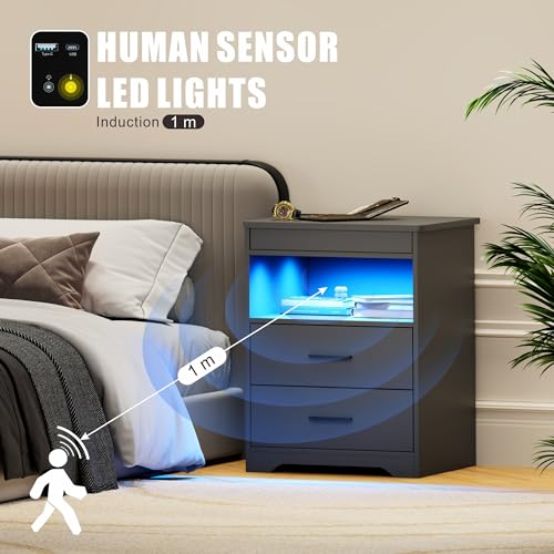 Image of LED Night Stand with Gun Drawer, Bedside Table with Charger Station & Human Sensor Light, Modern End Table with Drawers for Bedroom Office, Grey