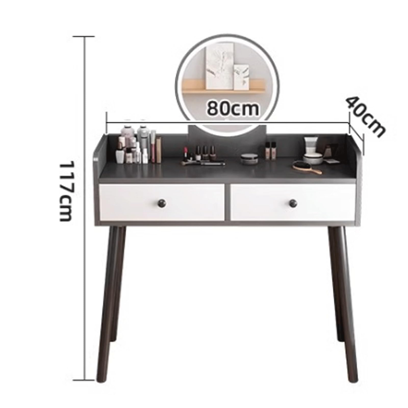 TABOJS Schminktisch, Schminktisch mit rundem Spiegel und Lichtern, Schminktisch-Set mit Schubladen, Schminktisch für Schlafzimmer (grau-weiß), Schminktisch (weiß, 60 cm)