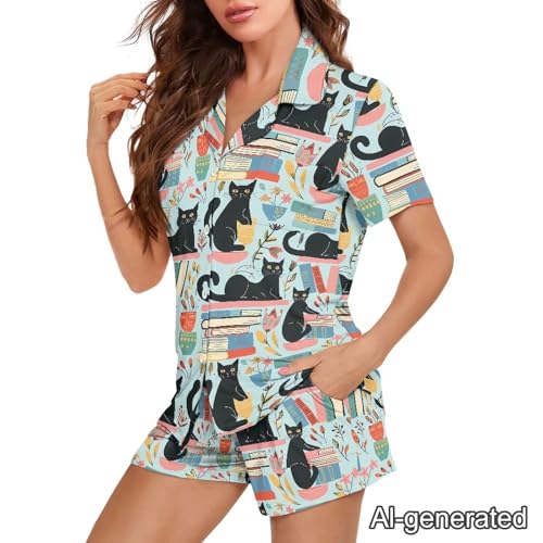 Image of Renewold Women's Short Sleeve Pajama Set Button Down Sleepwear with Notch Collar Soft Lounge Top and Shorts with Pockets