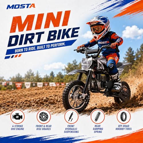 MOSTA Mini Bike, 4-Stroke Gas Powered Dirt Bike for Kids, Max 20Mph Kid Motorcycle with Disc Brakes and Shock Absorbor, No Oil Mix Needed (Black) - Image 2