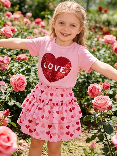 Image of Little Girls Skirt Set - 2 Piece Short Sleeve Top Shirred Tiered Skirt Outfit Girls Spring Summer Clothes 3-8 Years