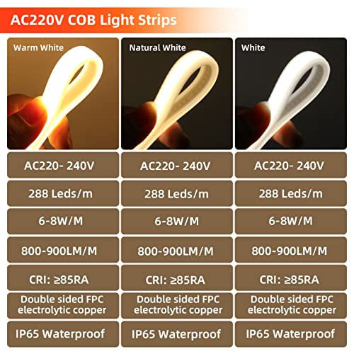 Wisada 220V LED Band 3M, 288 LEDs/m Flexible Hohe Dichte Warmweiß 3000K CRI≥85 FCOB LED Streifen, IP65 Wasserdichte Superhell COB LED Lichtband mit Schaltstecker für Schlafzimmer, Schrankbeleuchtung