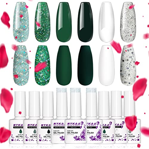 NYKAA Gel Nail Polish Kit, 9 Pcs 6 Colors with Base, Glossy & Matte Gel Top Coat, Glitter Green Dark Green French White Colors Gel Nail Collection, Soak Off UV/LED Lamp Cured, 8ml, GEL-D