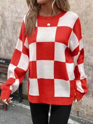 Image of SHENHE Women's Checkered Color Block Oversized Sweater Plaid Crew Neck Drop Shoulder Pullovers