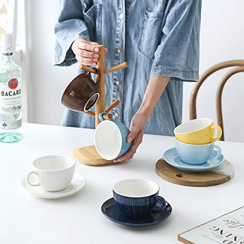 KOOV Latte Cup and Saucer Set of 6, 10 oz Porcelain Cappuccino Cups, Latte Art Cup and Saucer, For Latte, Cafe Mocha, Coffee Shop and Barista (Rainbow)