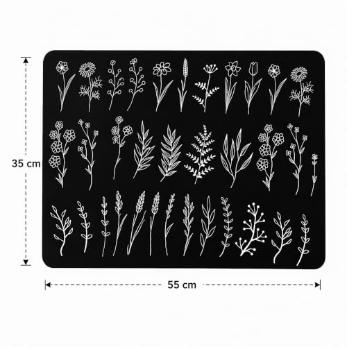 Image of Luxe Home International Dish Dry Mats for Kitchen Counter, Rubber Quick Dry Mat for Kitchen Utensils, Botanical Print Smooth Absorbent Placemat, 35x55 cm, Leaf Black, Pack of 1