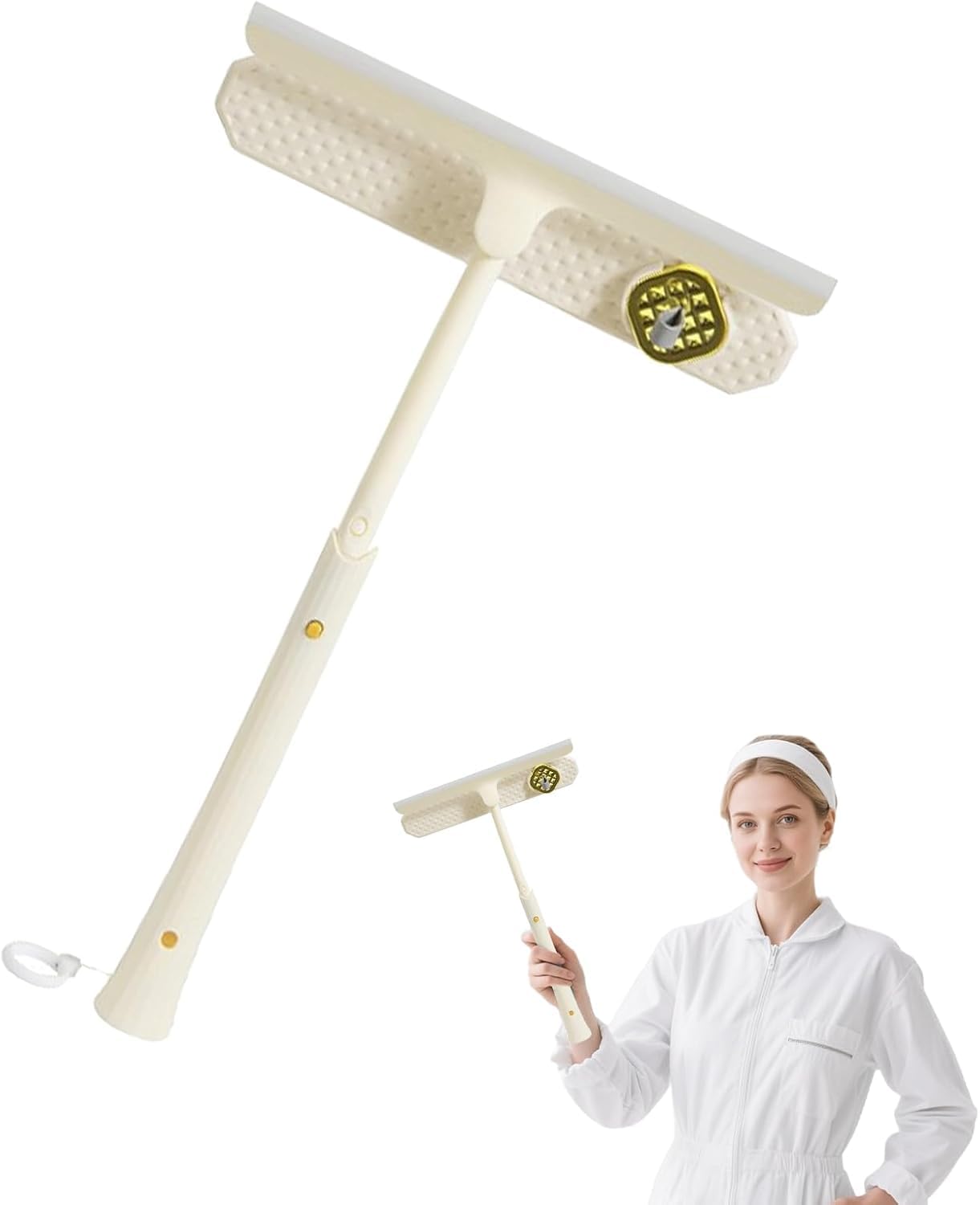 Window Cleaning Squeegee, Telescopic Window Cleaning Scraper with Long Handle, Window Cleaning Tools with Dual Side Blade Rubber & Scrubber Sponge, Multi-Use Car Windshield Cleaning Tool (Beige)