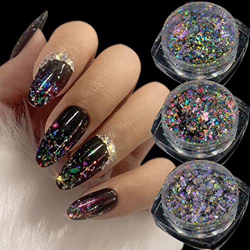 CHARMING MAY 3 Boxes Laser Glitter Holographic Flakes Paillette Galaxy Sparkling Nail Powder Nail Art Chameleon Sequins (Laser Flakes) (Laser)