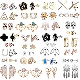 32 Pairs Assorted Stainless Steel Stud Earrings for Women - Black Rose Flower Stud Earrings for...