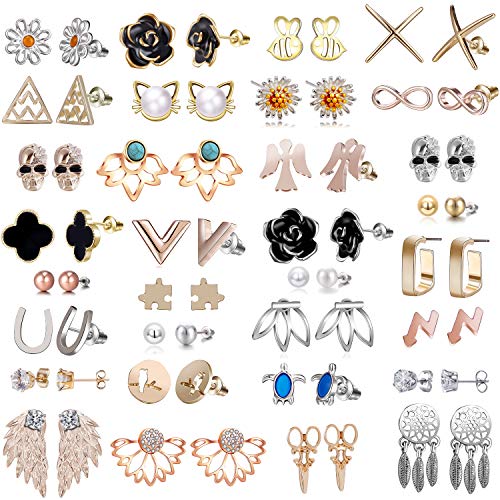 32 Pairs Assorted Stainless Steel Stud Earrings for Women - Black Rose Flower Stud Earrings for Women - Lotus Flower Ear Jacket Earrings for Women and Girls-Angle Wing Pearl Earrings Set for Girls