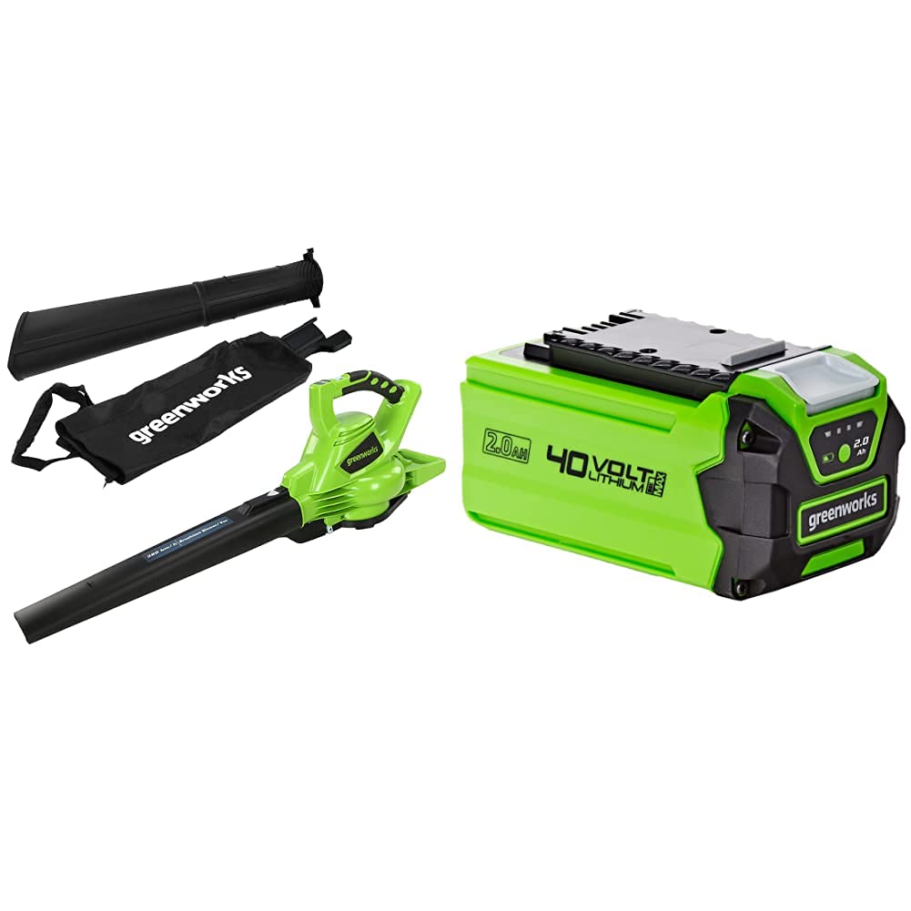Greenworks GD40BV Aspiratore Soffiatore a Batteria per Foglie, con Motore Brushless, 280km/h, 9,63m³/min, Sacco di Raccolta da 45L & Greenworks Batteria G40B2 sistema di ricarica rapida