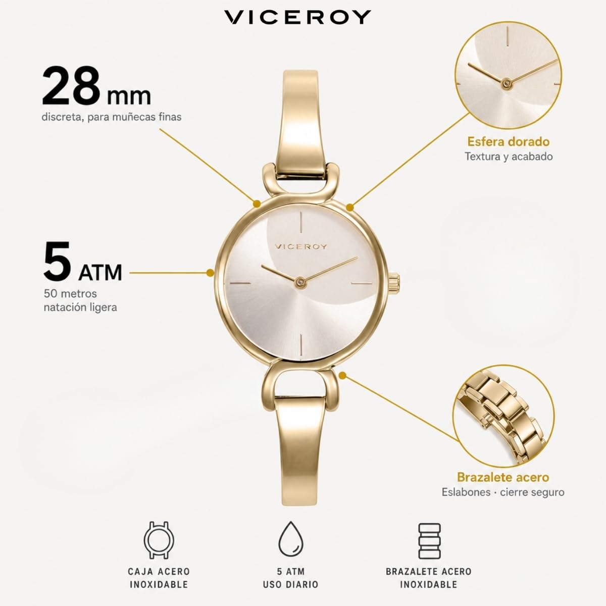 Viceroy Reloj Mujer Analógico de Acero Ligero - 28 mm - Movimiento de Cuarzo - Brazalete Fino - 42442