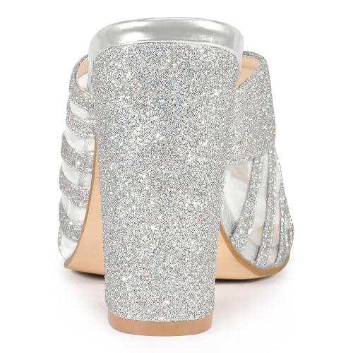 Allegra K Women's Glitter Mesh Slip on Chunky Heel Slide Sandals3