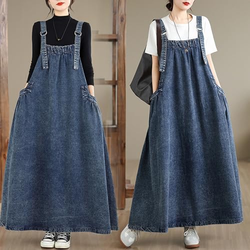 Image of Women's Casual Loose Denim Dress Sleeveless Adjustable Straps Denim Jumper Dress with Pockets