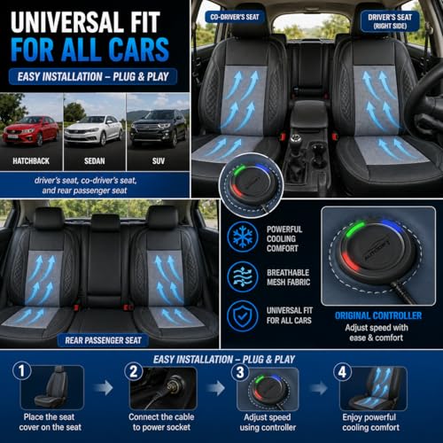 Image of Car Ventilated Cooling Seat Cushion Cover with 10 Powerful Fans & 3 Adjustable Cooling Levels, Leather Universal Fit for All Cars (Gray, Pack of 2 Ventilated Cooling Seat)