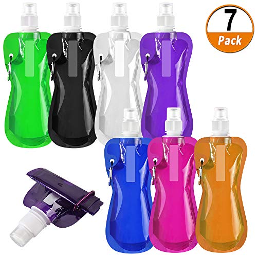 Heqishun 7 Piezas Plegables Botellas de Agua 480ml Camtimploras Plegables Bolsas de Agua Reutilizable con Clip Botella de Agua Deportiva para Correr Escalar Acampar Gimnasio 7 Colores