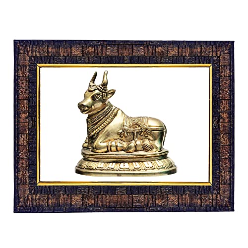 Hawai Feng Shui Vastu Remedies Wooden Framed Nandi Cow Engineered Wood Wall Hanging Home Decor Religious Photo Frame for Home Office Prayer Room, Size- 8.5X7 INCH, SFDI214