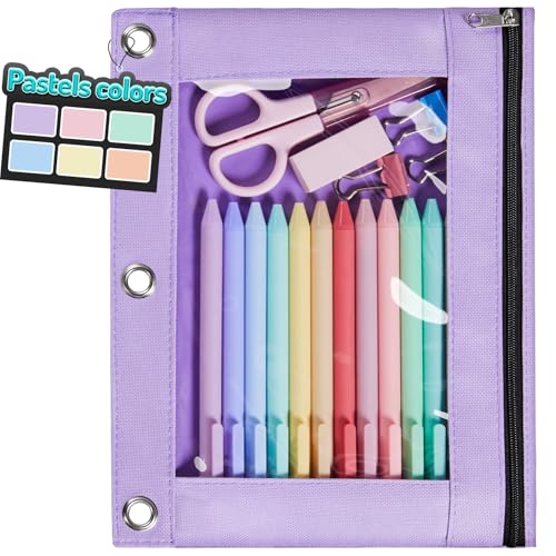 Forvencer Pencil Pouch for 3 Ring Binder Pastels Pencil Case with Smooth Zipper Cute Soft Pen Bag with Clear Window & 3 Reinforced Grommets Big Capacity Binder Bag School Office Supplies Purple