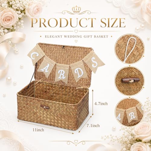 Image of Geelin Sea Grass Wedding Card Basket With Letter Flag Decorative Wedding Card Woven Post Box Suitable For Baby Showers Birthdays Graduation Ceremonies Bridal Showers (Coffee)