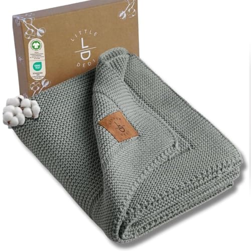 Image of Little Dedi 100% Organic Cotton GOTS Certified Baby Knitted Blanket with Gift Box - Soft Toddler, Crib, Stroller Blanket - Neutral Swaddle and Receiving Blanket for Newborns, 30"x40", Green